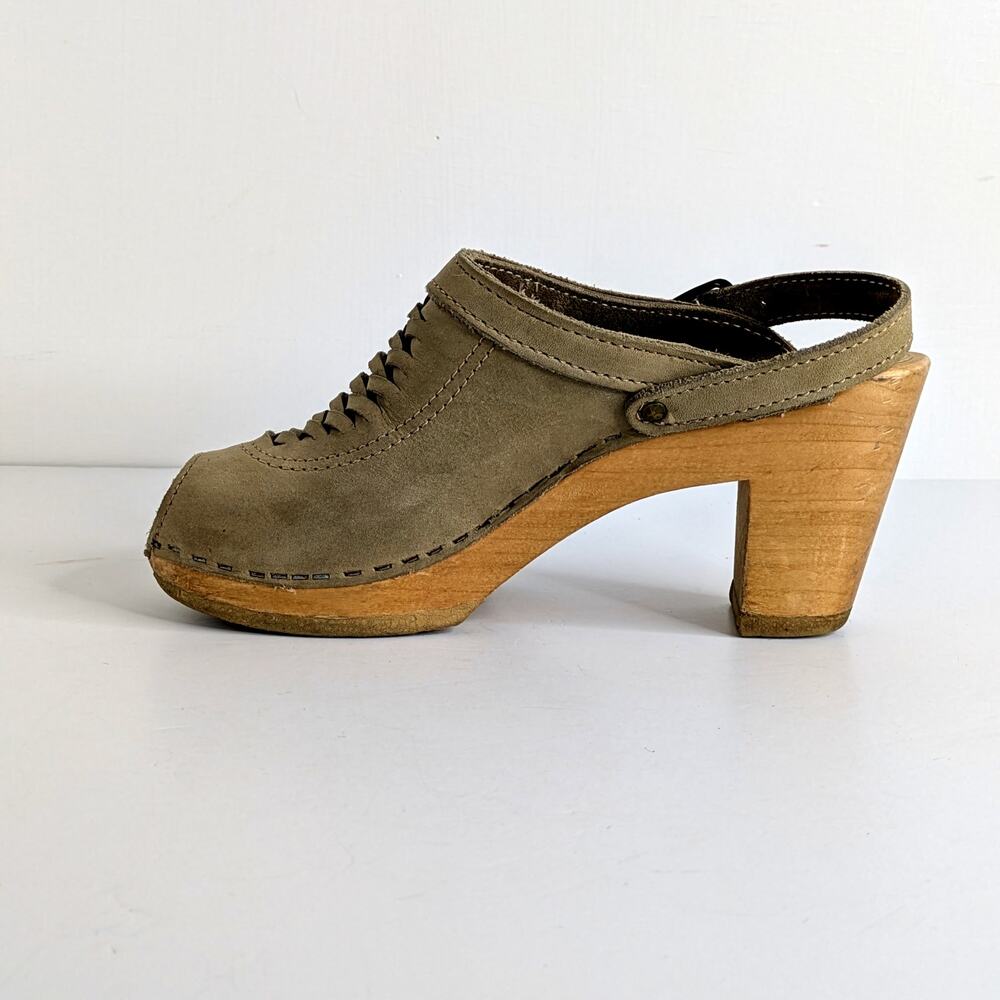 No. 6 Peep Toe Clogs 36 Tan Leather Wood Heel Strap Braided Vamp 6-6.5 - Picture 6 of 15